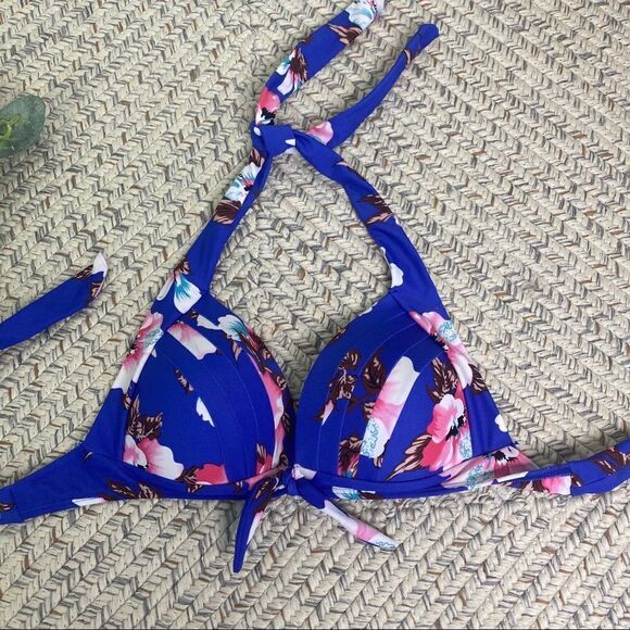 High waist halter floral blue pink retro bikini two piece swimsuit  Size small - Picture 2 of 6